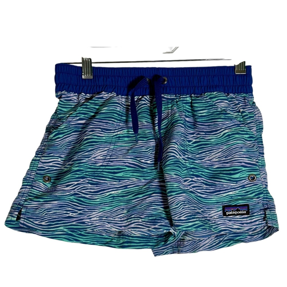 Patagonia Girl's Costa Rica Baggies Swim Shorts Zebra Stripes Blue Large